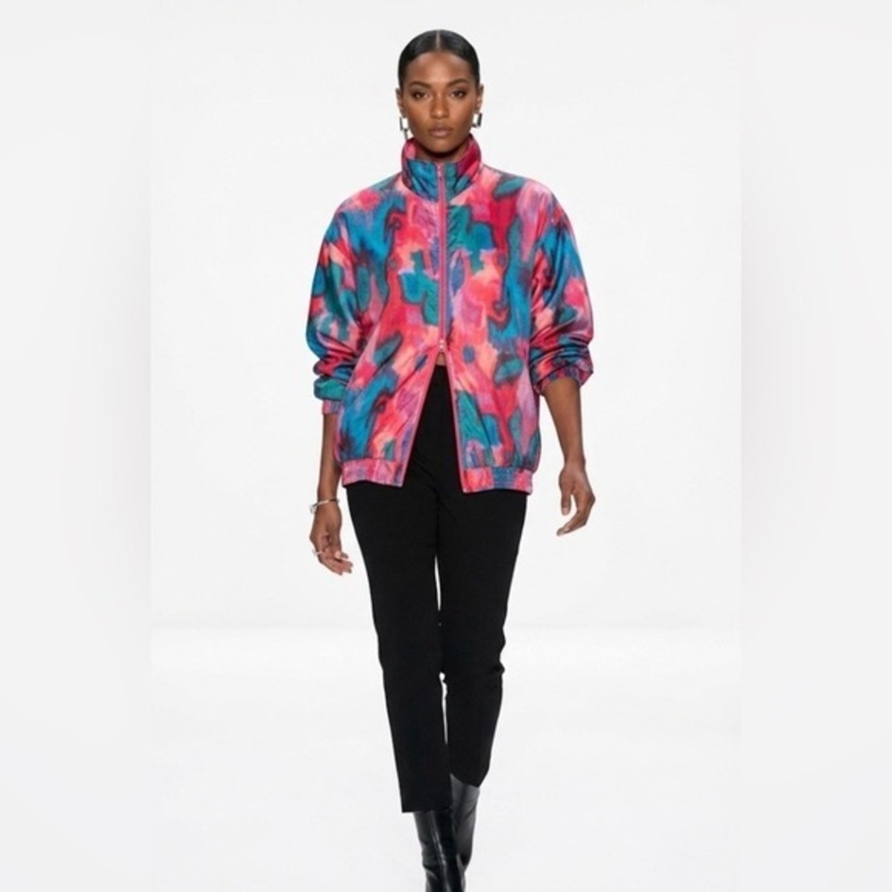 Chaver Womens Abstract Watercolor Print Zip Up Windbreaker Jacket Pink Blue S
